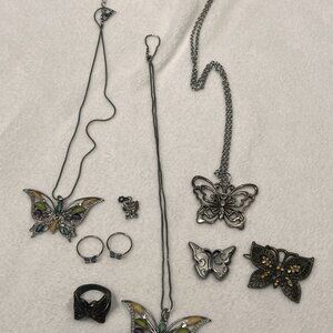 Butterfly Jewelry Lot Necklaces Rings Brooches Earrings Silver Tone Set
